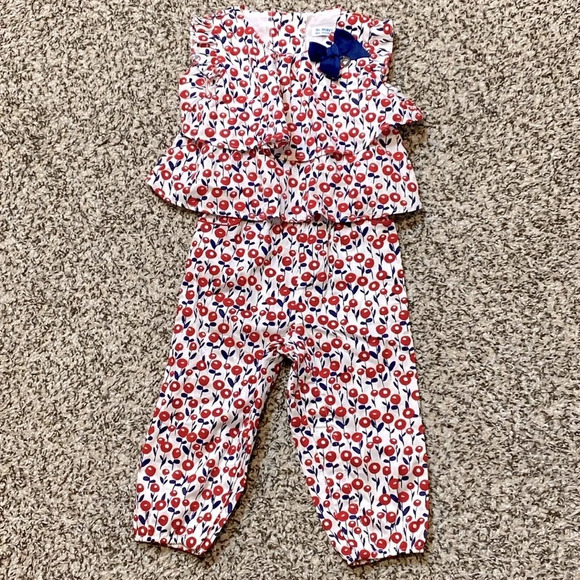 Mayoral Other - NWOT Mayoral Red Floral Tiered Top Flutter Sleeve Pants Romper